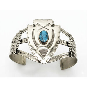 Vintage Southwestern Nickel Silver Turquoise Cuff Bracelet Bell Stamp